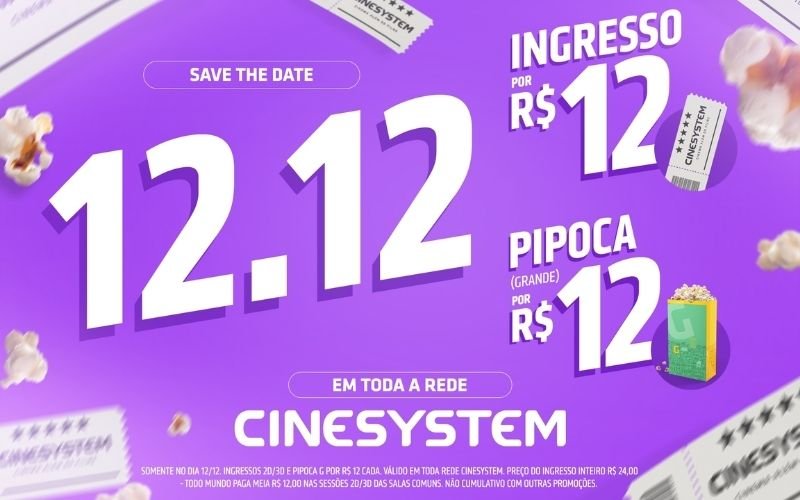 No dia 12/12, ingresso de cinema e pipoca saem por R$ 12 na Cinesystem